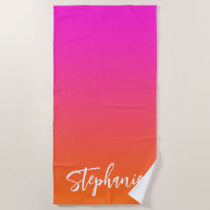 Serviette De Plage Nom de script ombré rose magenta chaud orange vif