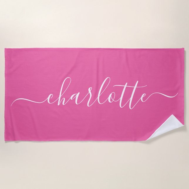 Serviette De Plage Nom de script tendance mignon personnalisé rose ch (Devant)