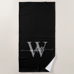 Serviette De Plage Nom de style moderne gris noir avec monogramme scr