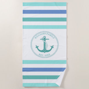 Serviette De Plage Nom décoré d'un monogramme rayé de Seafoam d'Ancre