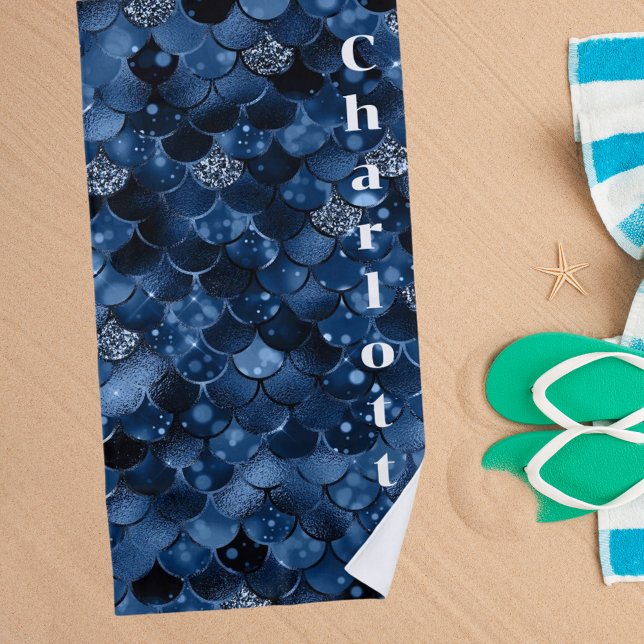 Serviette De Plage Nom des écailles de sirène bleu foncé (Créateur téléchargé)
