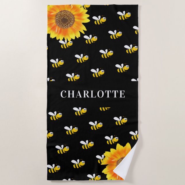 Serviette De Plage Nom des fleurs jaunes noires des abeilles (Devant)