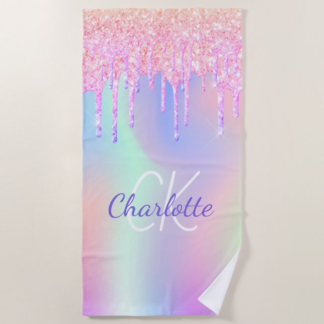 Serviette De Plage Nom des gouttes violet rose holographique (Devant)