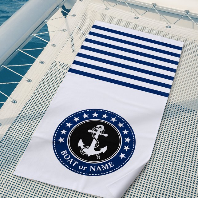 Serviette De Plage Nom du bateau Ancre nautique Étoiles Rayures Marin (Créateur téléchargé)