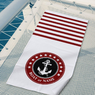 Serviette De Plage Nom du bateau Ancre nautique Étoiles Rayures Rouge