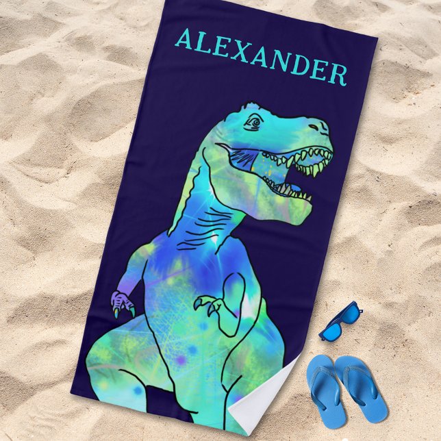 Serviette De Plage Nom du garçon personnalisé Dinosaur bleu (Personalized boy name dinosaur blue green beach towel psychedelic funky T-Rex dino kids monogram )
