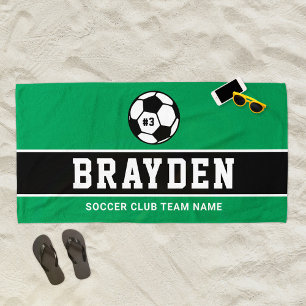 Serviette De Plage Nom du joueur de soccer vert personnalisé