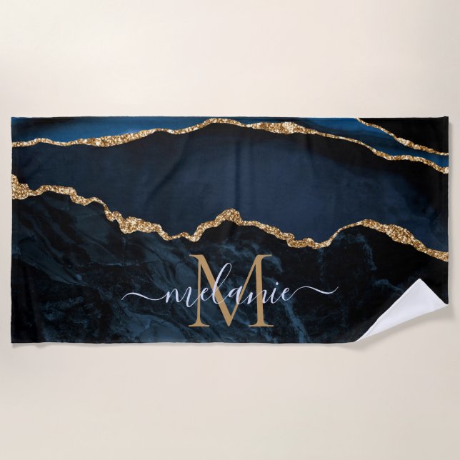 Serviette De Plage Nom du monogramme Agate Navy Blue Gold Beach Towel (Devant)