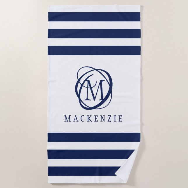 Serviette De Plage Nom du monogramme élégant de la bande blanche de l (Devant)
