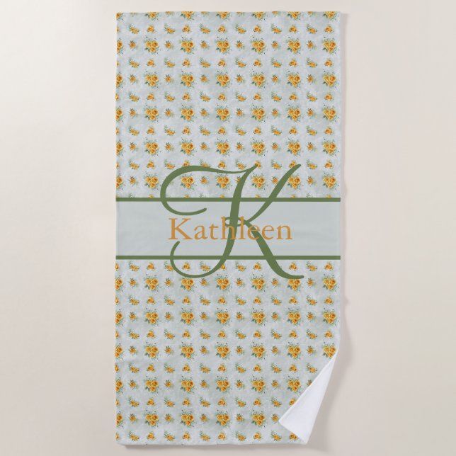 Serviette De Plage Nom du monogramme Floral jaune initial (Devant)