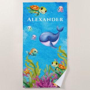 Serviette De Plage Nom du monogramme mignon Tortue de mer côtière