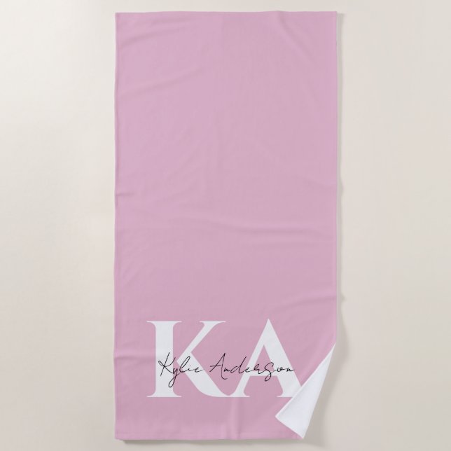 Serviette De Plage Nom du monogramme personnel rose moderne - (Devant)