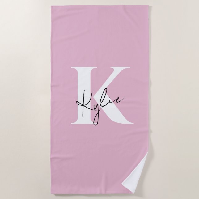 Serviette De Plage Nom du monogramme personnel rose moderne - (Devant)