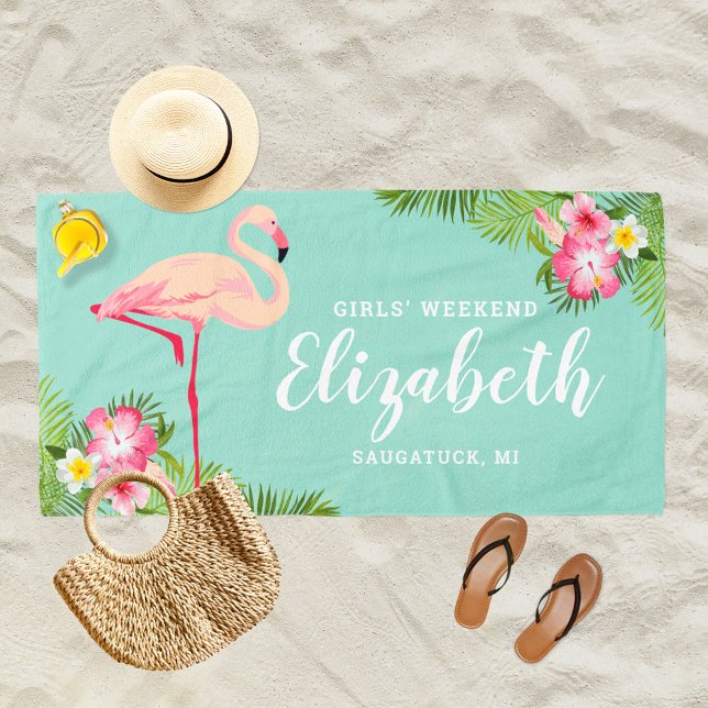 Serviette De Plage Nom du week-end des filles Tropical Flamingo Aqua (Créateur téléchargé)