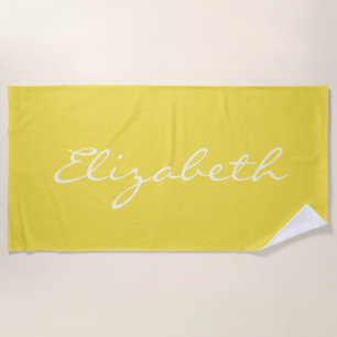 Serviette De Plage Nom élégant d'été jaune écriture manuscrite