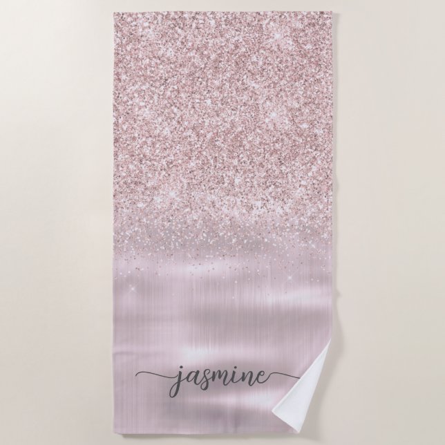 Serviette De Plage Nom en écriture girly avec monogramme pailleté ros (Devant)