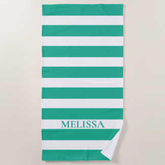Serviette De Plage Nom En Grille Verte Et Blanche Cabana Stripe   
