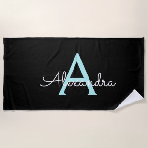 Serviette De Plage Nom en monogramme girly bleu sarcelle aqua Script