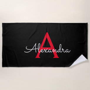 Serviette De Plage Nom en monogramme girly script rouge noir