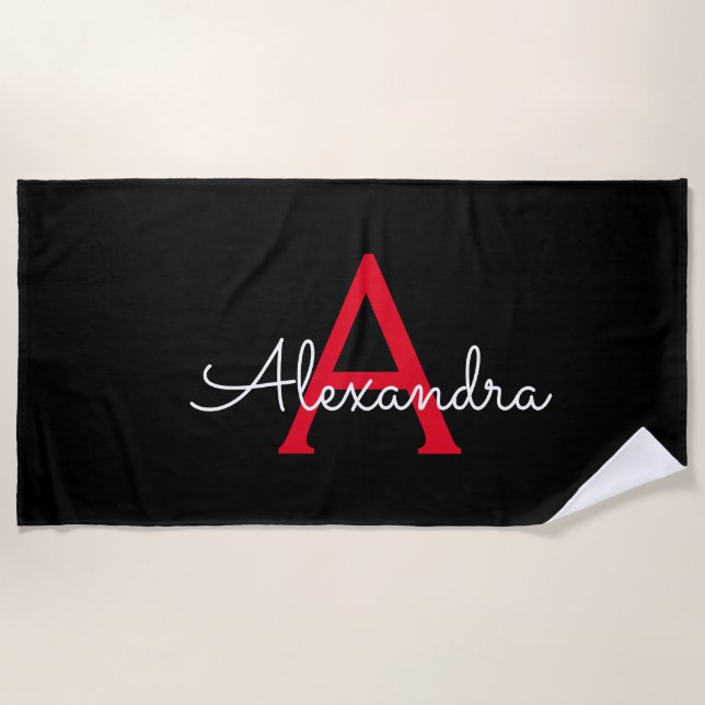 Serviette De Plage Nom en monogramme girly script rouge noir (Devant)