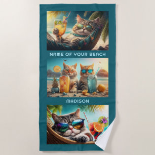 Serviette De Plage Nom et emplacement personnalisés Chats de vacances