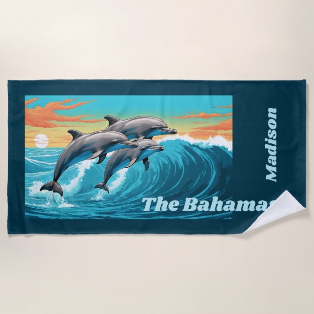 Serviette De Plage Nom et emplacement personnalisés Dauphin (Devant)