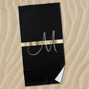 Serviette De Plage Nom et grand monogramme, gris foncé Or noir