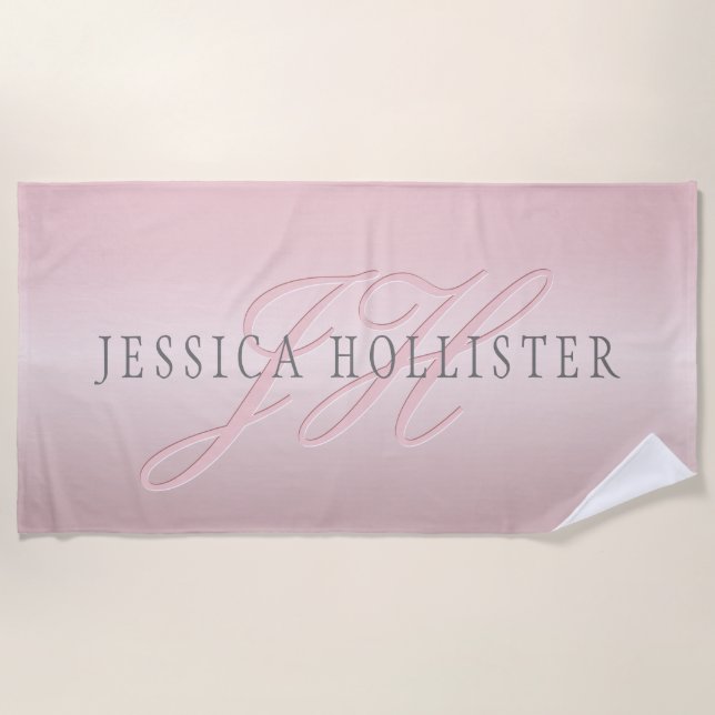 Serviette De Plage Nom et monogramme | Soft FAUX Rose Gold Blush (Devant)