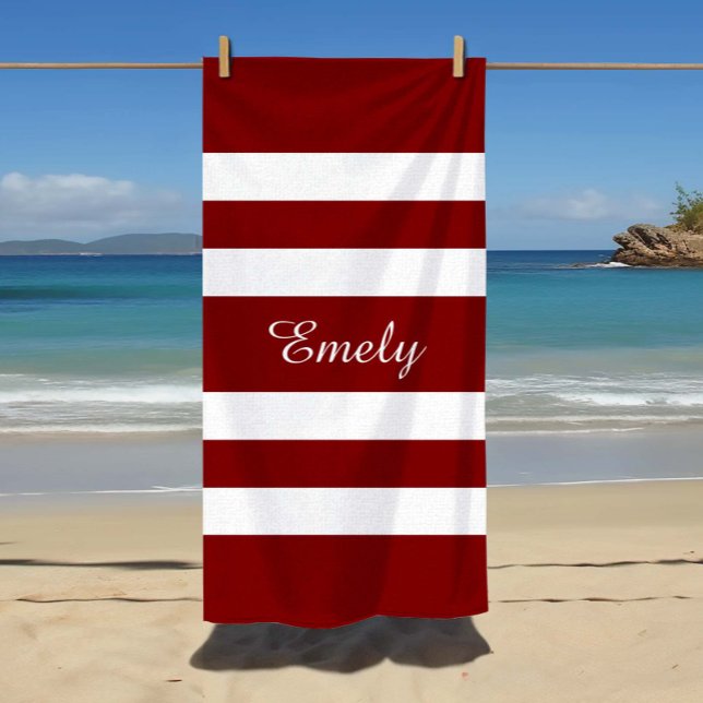 Serviette De Plage Nom Moderne Motif Rayé Rouge (Custom Name Name Modern Red Striped Pattern Beach Towel)