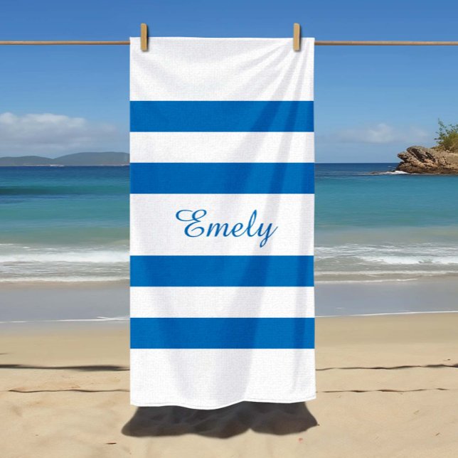 Serviette De Plage Nom Moderne Piscine Rayée Bleu Français  (Modern Name French Blue Striped Pool Beach Towel)