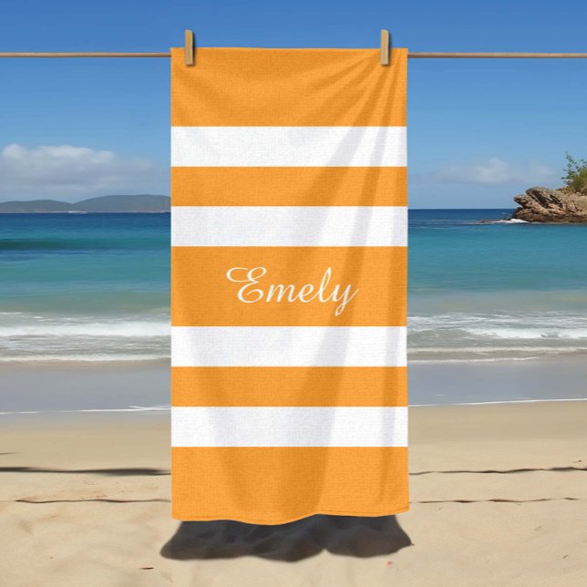 Serviette De Plage Nom Moderne Piscine Rayée Orange  (Modern Name Orange Striped Pool Beach Towel)