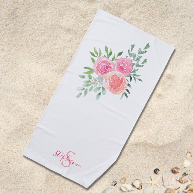 Serviette De Plage Nom Monogram rose Floral (Créateur téléchargé)