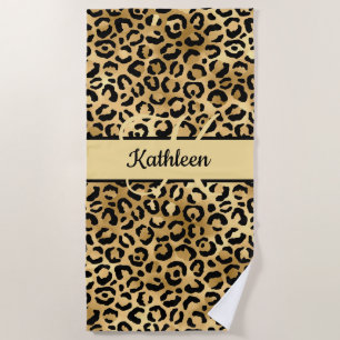 Serviette De Plage Nom Monogramme Imprimé Léopard Guépard Noir Or