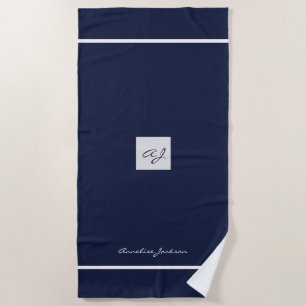 Serviette De Plage Nom monogrammé moderne élégant bleu marine blanc