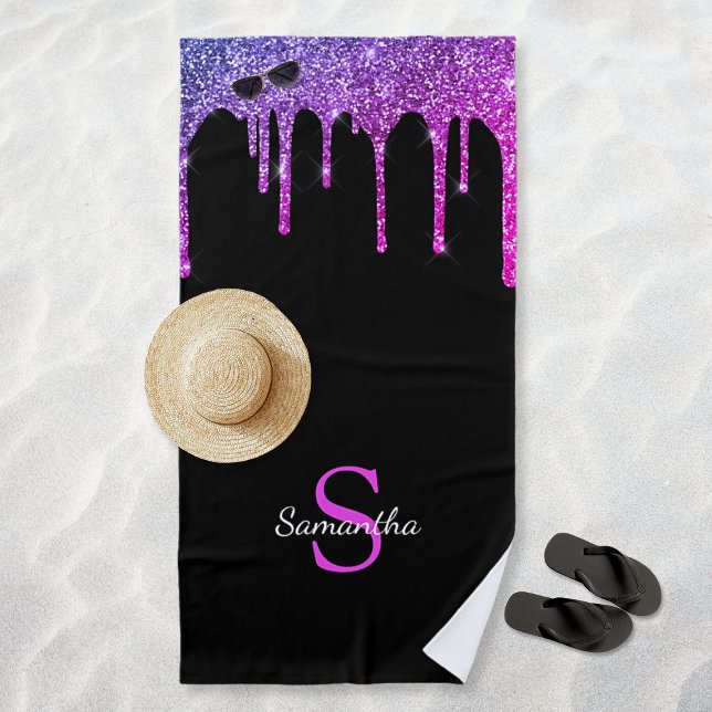 Serviette De Plage Nom Monogramme Noir Gouttes de Paillettes Rose Vio (Pink Purple Blue Glitter Drips Black Monogram Name Beach Towel)