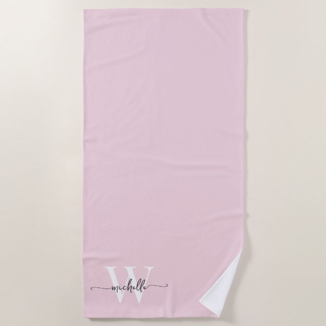 Serviette De Plage Nom Monogramme Rose Pâle Moderne Écriture Élégante (Devant)