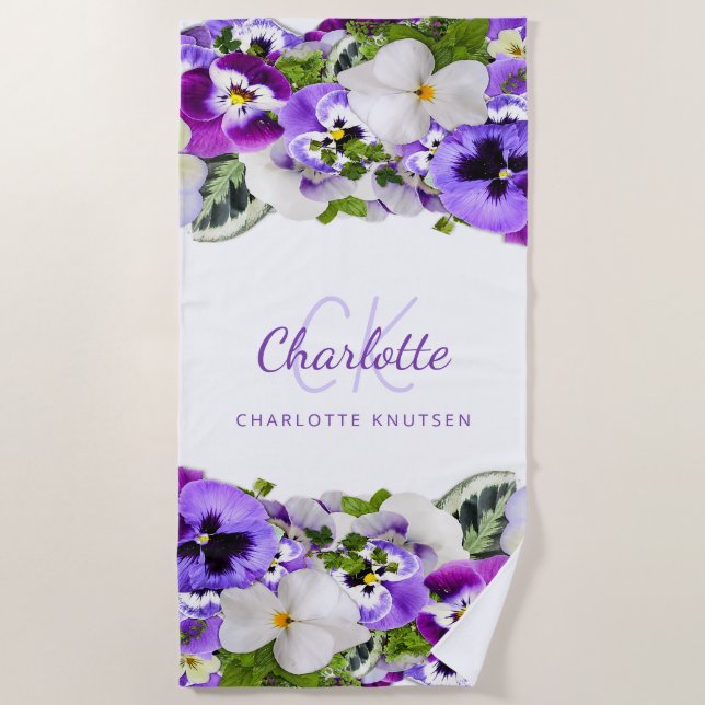 Serviette De Plage Nom monogramme violet blanc à fleurs (Devant)