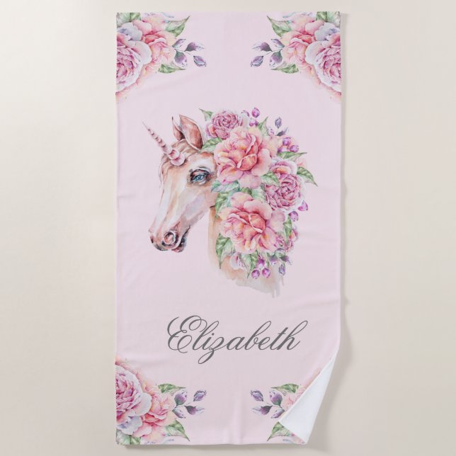 Serviette De Plage Nom personnalisé Aquarelle rustique Floral Unicorn (Devant)