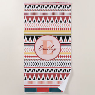 Serviette De Plage Nom personnalisé Aztec Elegance Rouge chaud Motif
