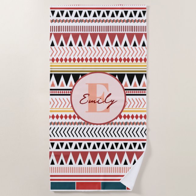 Serviette De Plage Nom personnalisé Aztec Elegance Rouge chaud Motif  (Devant)