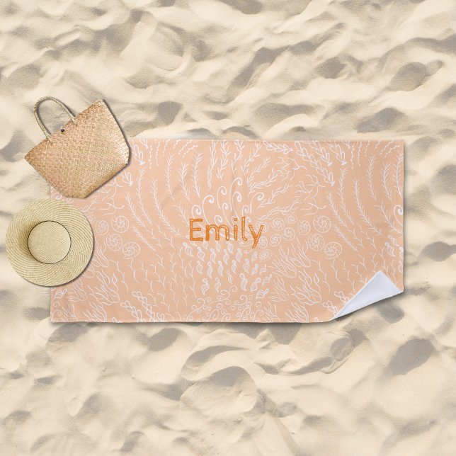 Serviette De Plage Nom personnalisé Beach Towel -Sea Shell & Coral Im (Peach Ocean Scene Beach Towel)