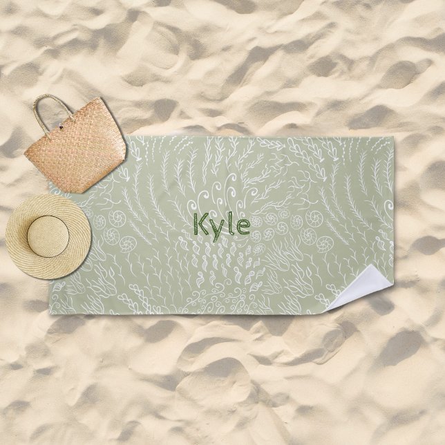 Serviette De Plage Nom personnalisé Beach Towel -Sea Shell & Coral Im (Sage Ocean Scene Beach Towel
)