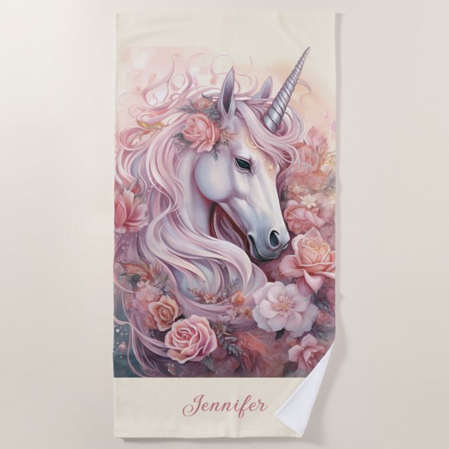 Serviette De Plage Nom personnalisé belle licorne (Devant)