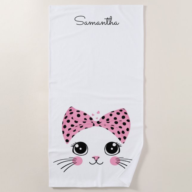 Serviette De Plage Nom personnalisé Cute face de chat (Devant)