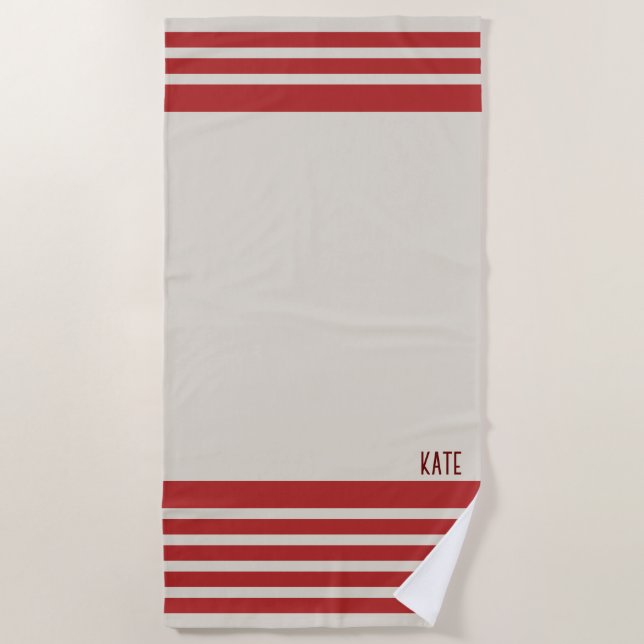Serviette De Plage Nom personnalisé de la bande simple rouge Crimson (Devant)