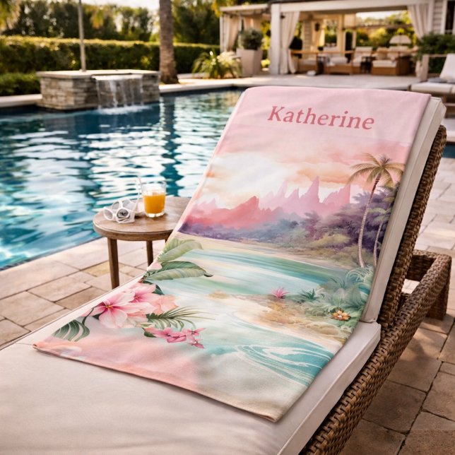 Serviette De Plage Nom personnalisé de plage tropicale rose (Créateur téléchargé)