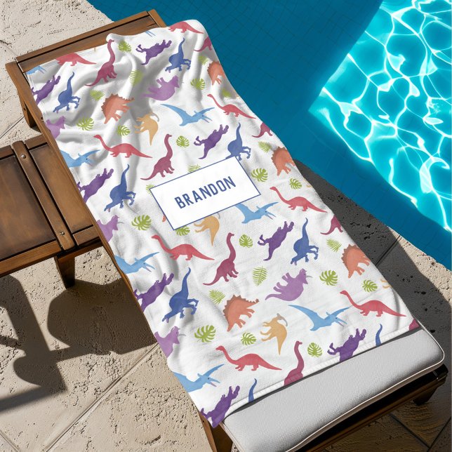 Serviette De Plage Nom personnalisé du Motif de dinosaures mignon (Créateur téléchargé)