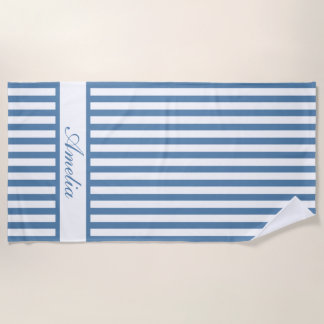 Serviette De Plage Nom personnalisé Dusty Blue Stripes Beach Towel