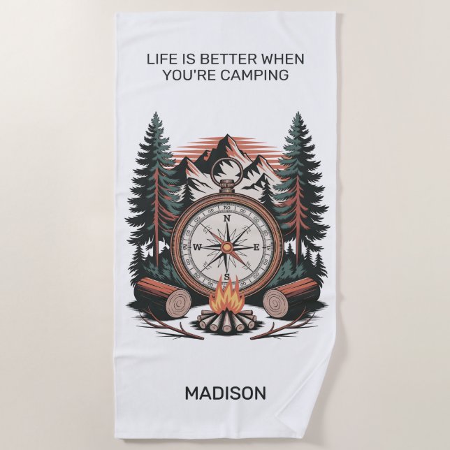 Serviette De Plage Nom personnalisé et camping de texte (Devant)