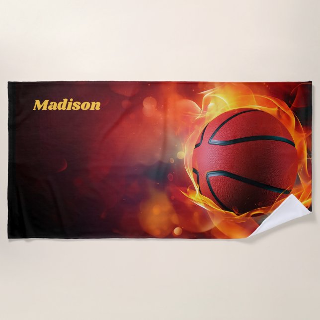 Serviette De Plage Nom personnalisé Flaming Basketball (Devant)